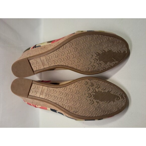 Toms Shoes Twill Wedge Cork 3" Heel Peep Toe Slip On Sandals Multicolor Size 7.5 - Picture 8 of 9